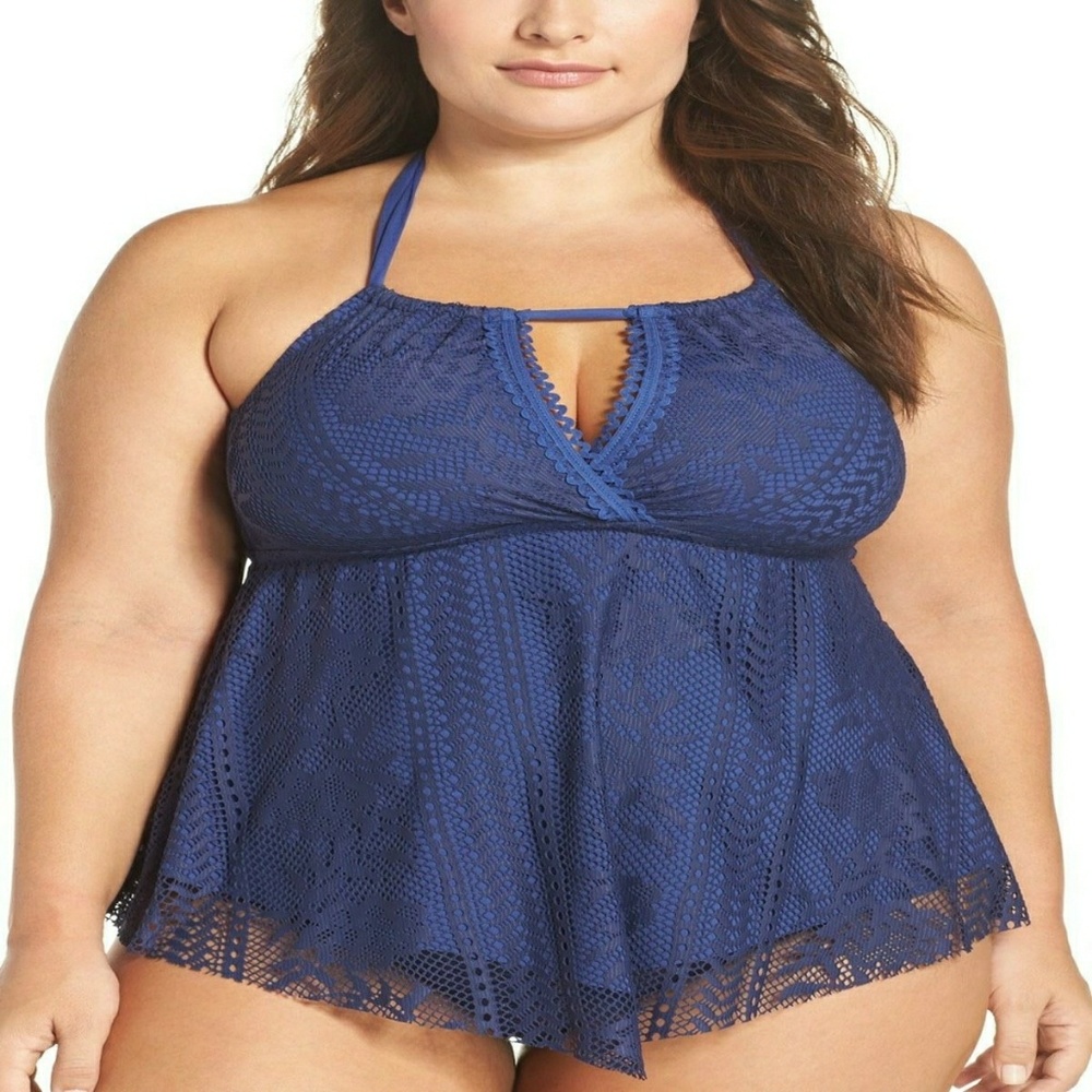 BECCA Prairie Rose Tankini Top Swim Blue XL NEW